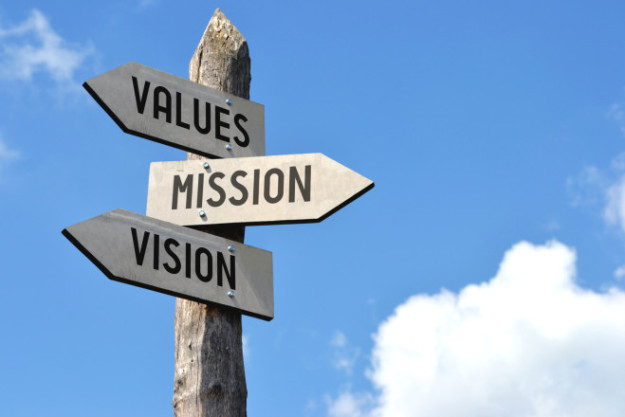 Wooden signpost – values, mission, vision debt collection values