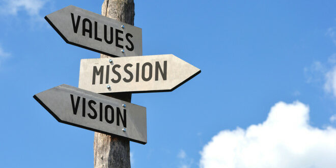 Wooden signpost – values, mission, vision debt collection values
