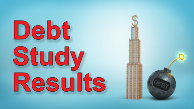 3d rendering of a tall high-rise with a large dollar sign on the top stands close to an iron bomb with a word DEBT debt study results