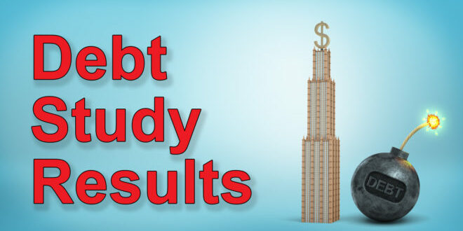 3d rendering of a tall high-rise with a large dollar sign on the top stands close to an iron bomb with a word DEBT debt study results