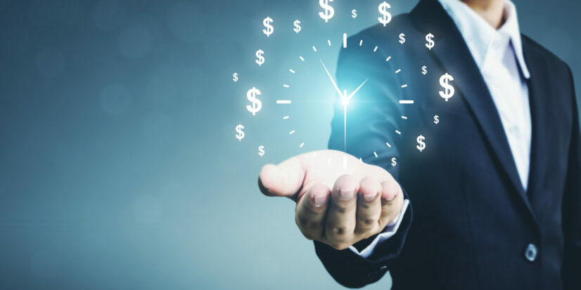 Businessman holding sign clock. Concept business time and money