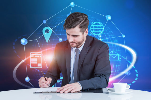 Man writing in office, internet interface hiring a collection agency