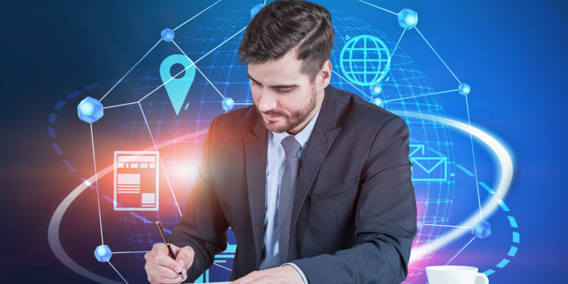Man writing in office, internet interface hiring a collection agency